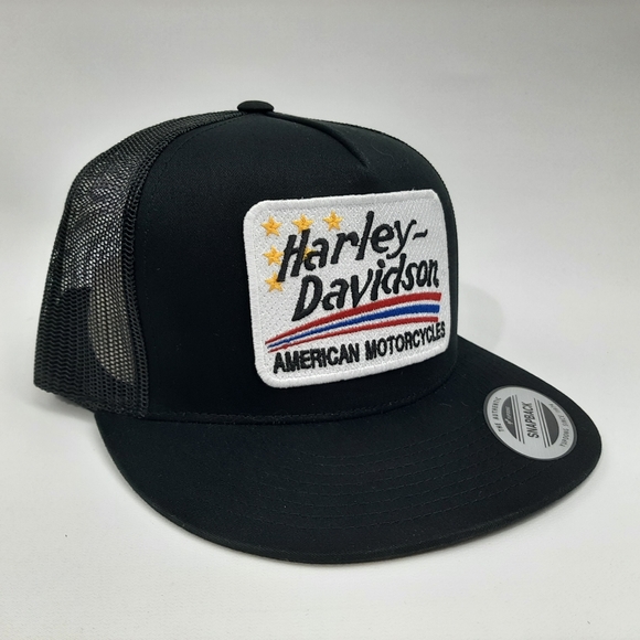 Vintage Harley Embroidered Patch Flat Bill Trucker Mesh Snapback Hat Cap Black - Picture 3 of 4